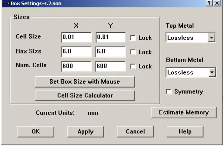 Figure 5.6:   Box settings for microstrip geometry. 