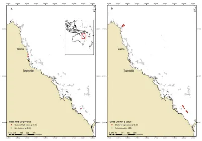 Figure 3.6. Getis-Ord Gi* p-values for average number of white syndrome and bleaching cases across all years (1999-2010) for the 129 reefs surveyed at least once during the study