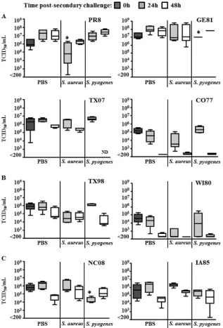 FIG 2 Lung viral titers after secondary challenge. Viral load from groups of mice infected with swine isolates of inﬂuenza A virus, followed 5 days later with