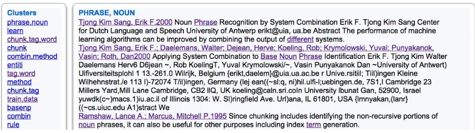 Figure 3: Clusters generated in response to a user click on the co-citation. The list of clusters in the left pane gives abird-eye view of the topics which are present in the co-cited papers