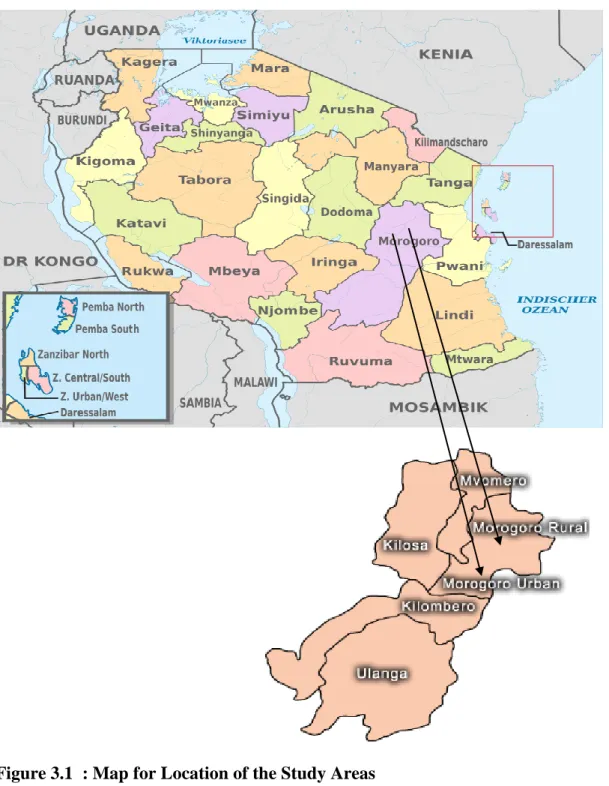 Figure 3.1  : Map for Location of the Study Areas 