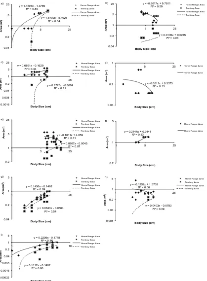 Figure 3.3: The relationship between the home range area (m2), the territory area (m2), and the body size (cm) for all nine species of Pomacentrids observed in this study: a) Abudefduf sexfasciatus; b) Acanthochromis polyacanthus; c) Amblyglyphidodon curac