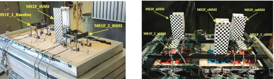 Figure 1: SSSI arrangements tested in Test 3 and Test 4 of the City Block project (arrows indicate direction of shaking) [adapted from Trombetta (2013)] 