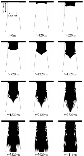 Figure 5: Different moments of time during water flow into an initially air-filled cone-capillary nozzle