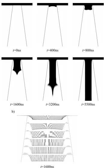Figure 6:  Different moments of time during water flow into an initially air-filled conical nozzle (AR = 0)