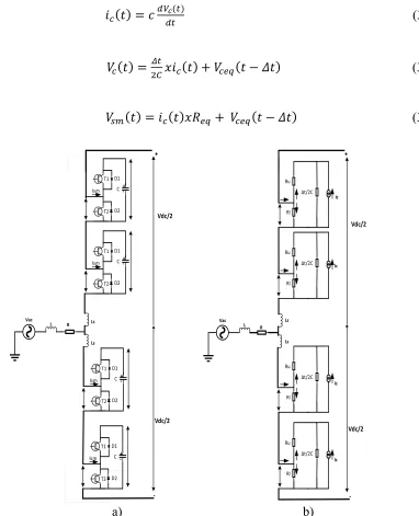 Figure 3-6: Structure of a) a half-bridge SM b) structure of Dommel EMT representation of a half-bridge 