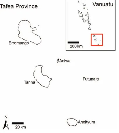 Fig. 1.Map of Tafea Province, Vanuatu. The used Olysetnets were collected from Tanna and Aniwa Islands