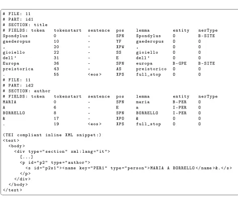 Figure 1: Using sentence headers to preserve document structure information. For illustration, the TEI compliantinline XML snippet of the second sentence has been added.