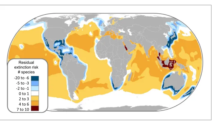 Figure 8. Irreplaceability hotspots of the endemic threatened marine chondrichthyans. Endemics were defined as species with an Extent of Occurrence of <500,000 km2 (n = 66)