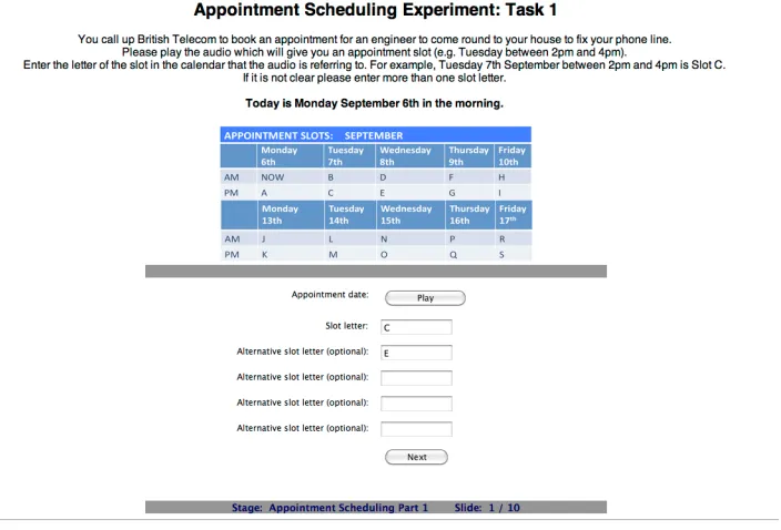 Figure 1: Screen shot of Task 1 in the on-line data collection experiment