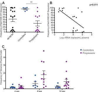 FIG 5 High viral loads are associated with the rapid accumulation of substitutions in Nef 196-203
