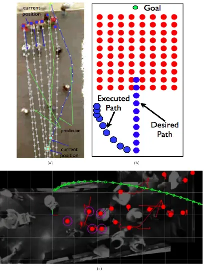 Figure 1.3: (a)common crowd conﬁgurations (shoulder to shoulder walking, sparse crowd) can lead to evasivemaneuvering by the robot Even if we hold pedestrian predictive covariance to be extremely small (grey circles), (b) An illustration of what is occurri