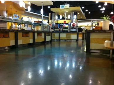 Figure 4.1: The robot workspace consists of a 20m2 area surrounded by a buﬀet station (left), apizza station (right), and a soda fountain (background)