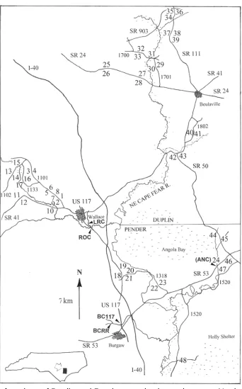 Fig. 2. Map of portions of Duplin and Pender counties in southeastern North Carolina,  showing drainage feature sites sampled for sediment P fractionation (numbered 1-48), LCFRP sites sampled for sediment fecal indicator bacteria and persulfate P (Angola C