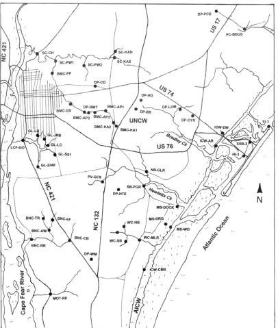 Fig. 4. Locations in central New Hanover County sampled for fecal indicator bacteria  and persulfate P concentrations