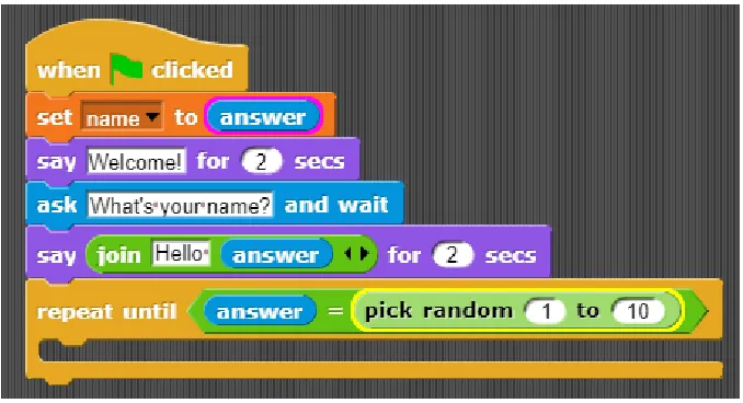 Figure 3.6 iSnap now highlights a student’s code to indicate possible errors. The magenta highlight (se-cond line, ‘answer’) suggests removing a block, and the yellow highlight (6th line, ‘pick random’) suggestsmoving a block.