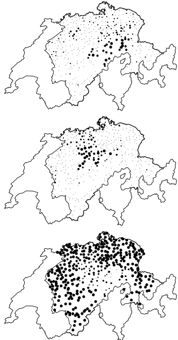 Figure 1: The three maps show the geographical distribu-tion of prepositional dative marking with a (top) and withi (center)