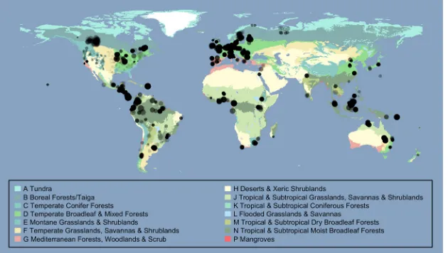 Figure 1. Site locations. Colors indicatebiomes, taken from The Nature Conservancy’s(2009) terrestrial ecoregions of the worlddataset, shown in a geographic (WGS84)projection