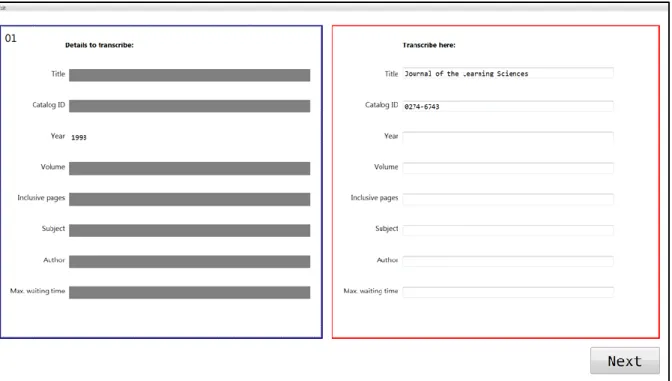 Figure 1: Screen shot of the Library task showing the field “Year” (left panel) being  uncovered