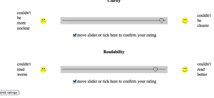 Figure 1: Screen shot of evaluation of a realisation in context, using sliders, for the criteria of Clarity and Readability.