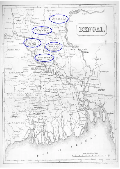 Figure 2.1: Map of Greater Bengal showing the greater districts of Bogra, Dinajpur, 