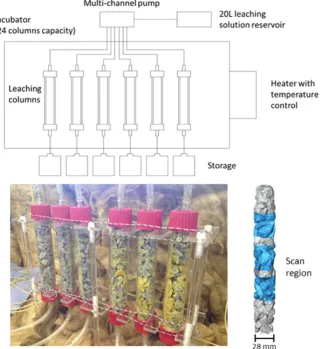Fig. 1. Schematic diagram of small scale column leaching experiment and columns ﬁlled with ore particles and the scanning regions.