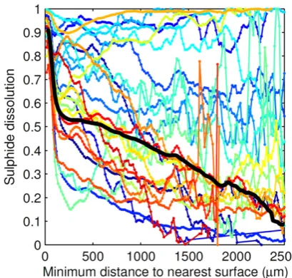 Fig. 7. Distance plot for an example ore particle over the 168 day leaching period.