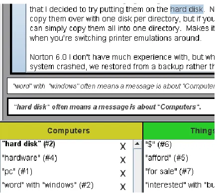 Fig. 3.  (Top): The document display allows highlighting any text, e.g. “hard disk” in a message labeled Computers (message label cropped off for 