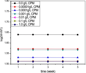 Figure 9. Plot of log(W − Wwater in the presence of various concentrations of Citrus paradise mesocarp (CPM) ex-1) versus time (week) for pipeline steel in petroleum pipeline tract under pseudo anaerobic condition