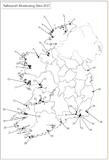 Figure 1 Location of sites for Saltmarsh Monitoring Project 2017-18 (from RFT). Note: Numbered locations relate to Table 1 and may represent more than one site