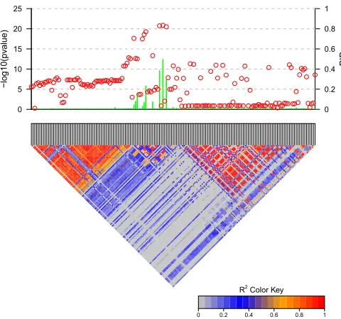 Figure 8 PCAVIARBF on the U.S. cohort. Circles represent the individual SNP-basedP-values and posterior inclusion probabilities (PIPs) from-values on the left y-axis and lines represent the PIPs on the right y-axis.The color-coded LD pattern is shown below.