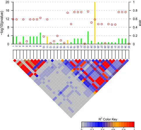 Figure 1 P-values and posterior inclusion probabilities (PIPs). Circles rep-resent the individual SNP-based P-values on the left y-axis and lines rep-resent the PIPs on the right y-axis