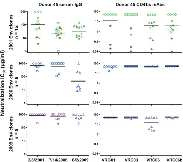 FIG 3 Analysis of neutralization sensitivity of Env variants taken from donor 45 at three time points to autologous serum IgG (left panels) and autologous CD4bsMAbs VRC01, VRC03, VRC06, and VRC06b (right panels)
