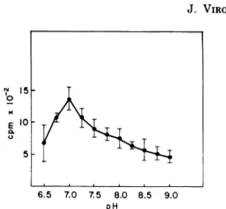 FIG. 3.pointfor[3H]thymidine-labeledtionsdetermined.minusthex 105 pH optimum for MVM binding reaction; 2 A-9 cells suspended in various buffer combina-(listed in Table 2)were reacted with 105 viral particles per cell at 40C 2 h