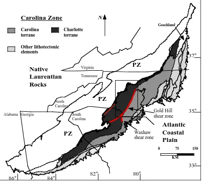 Figure 1: Lithotectonic map of the southern Appalachians.  Box denotes the approximate area of Figure 2