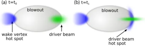FIG. 1.Illustration of the plasma blowout time evolution(t0 < t1), depicting sources of huge electric field spikes or hotspots (blue shade) in PWFA