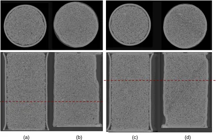 Figure 3: Cross sections (top) and vertical sections (bottom) for the (a) sample FBS02-7MPa at  load stage 0 (b) sample FBS02-7MPa at load stage 6 (c) sample FBS03-2MPa at load stage 0 (d) sample FBS03-2MPa at load stage 6, (Location of the cross section indicated by the dashed line)  