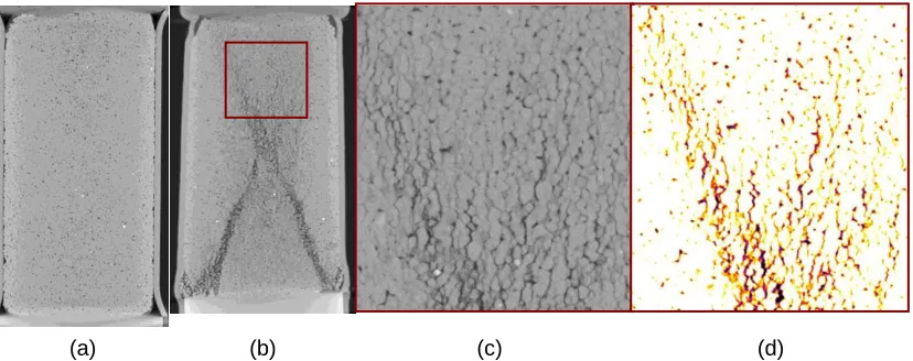 Figure 4: Cross sections of the sample tested at FBH01-2MPa at the following stages: (a) prior to  loading (b) loading stage 3 (c) stage 4 and (d) stage 5  
