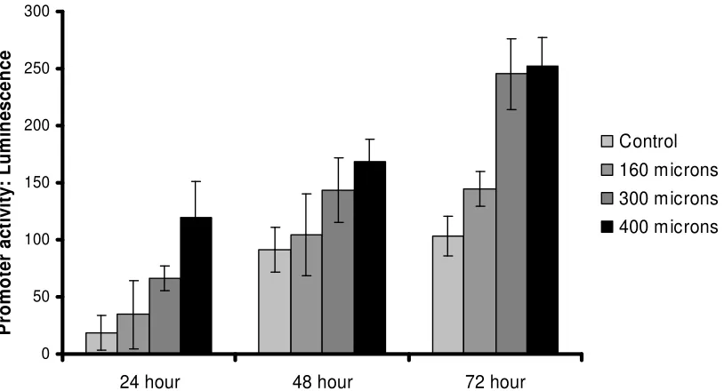 Figure 4: Production of RANKL by osteocyte-like cells  introduction of a crack-like defect 5mm x 10mm, various widths (160-400in vitro at various times following µm), compared to undamaged controls