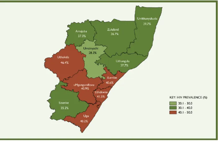 Figure 1-2: HIV prevalence distribution among antenatal women by district in KwaZulu-Natal, 