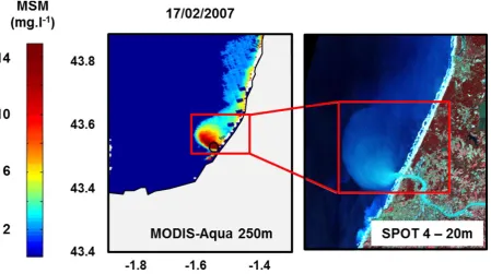 Figure 10: example of the Adour plume boundary estimated with the threshold methodology (left) and corresponding SPOT image (right, coloured compositions)