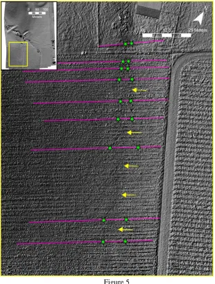 Figure 5 Fault zone width is indicated by the green stars. Note the subtle slope break (yellow arrows) falls 