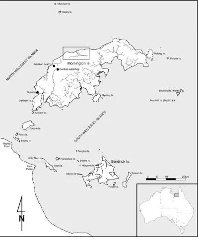 Figure 2. The Wellesley Islands, southern Gulf of Carpentaria, north Australia. Box outlines the Yiinkan Embayment case study area