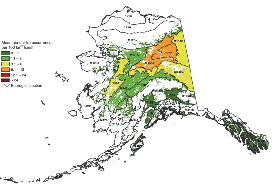 Figure 3.5—Mean number of forest fire occurrences, per 100 km2 (10 000 ha) of forested area for 2001 to 2010, by ecoregion section within Alaska