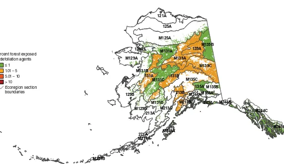 Figure 2.5—Percent of surveyed forest in Alaska ecoregion sections exposed to defoliation-causing insects and diseases in 2011
