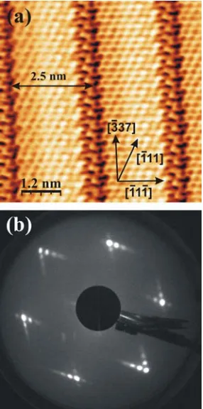 Figure 1 Low-temperature STM image of the WOsurface: Vnm, 78 K (a). LEED pattern from the WOacquired at a primary beam energy of 70 eV (b).2/W(110) sample = –0.06 V, It = 0.10 nA, size 6.5 nm × 6.5 2/W(110) surface,  