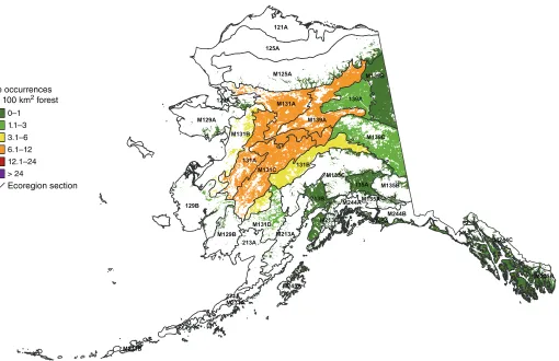 Figure 3.3—The number of forest fire occurrences, per 100 km2Alaska, for 2015. The gray lines delineate ecoregion sections (Nowacki and Brock 1995)