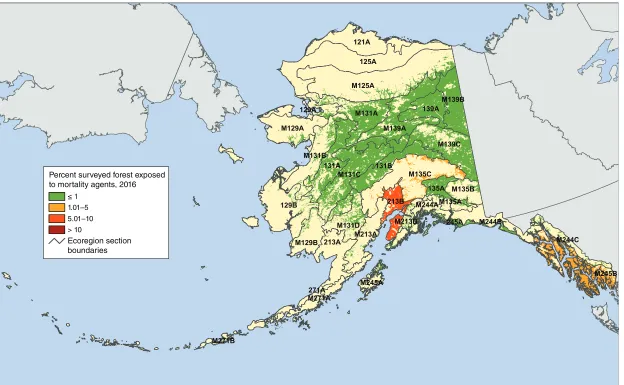 Figure 2.4—Percentage of surveyed forest in Alaska ecoregion sections exposed to mortality-causing insects and diseases in 2016