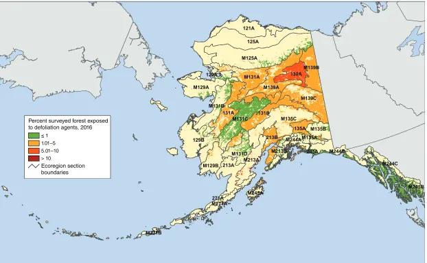 Figure 2.5—Percentage of surveyed forest in Alaska ecoregion sections exposed to defoliation-causing insects and diseases in 2016
