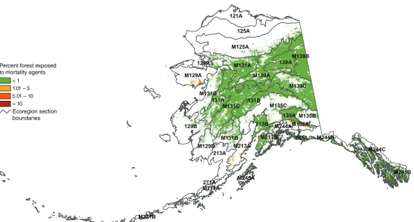 Figure 2.4—Percent of surveyed forest in Alaska ecoregion sections exposed to mortality-causing insects and diseases in 2010